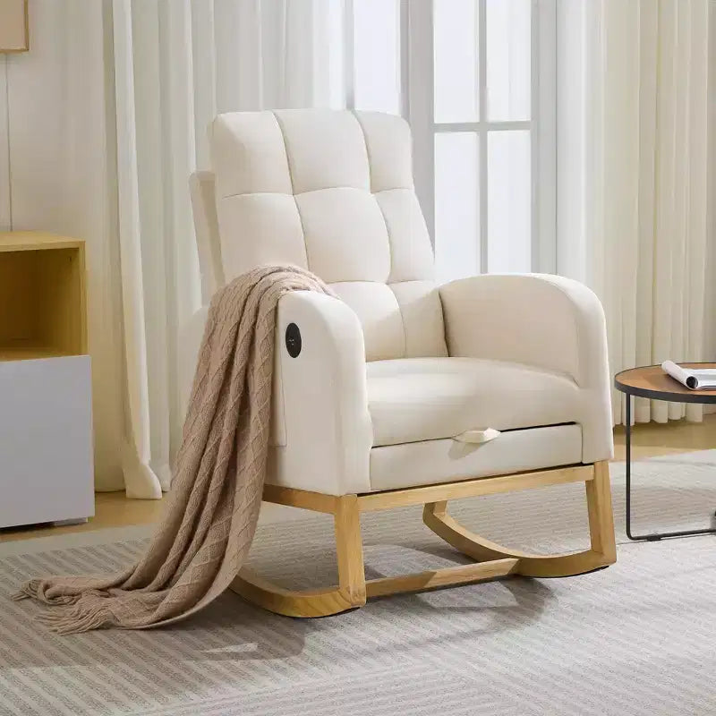 Moderna sedia a dondolo per cameretta con porta USB, poggiapiedi e tasca laterale - Poltrona reclinabile a dondolo con schienale alto per soggiorno, camera da letto e sala allattamento