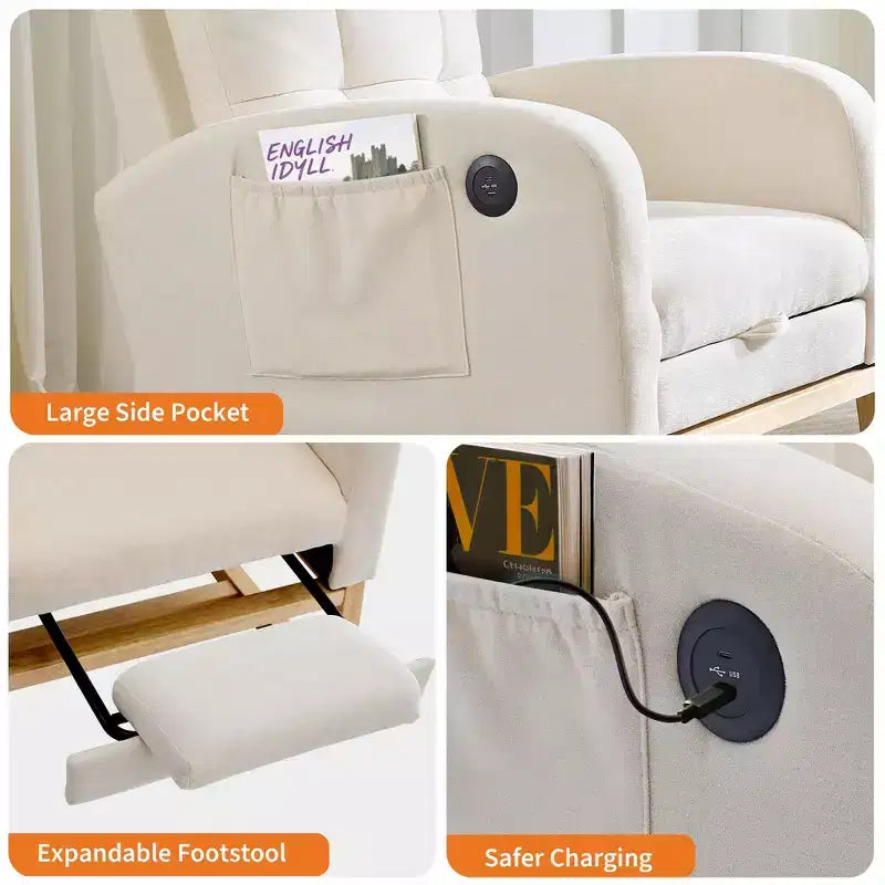 Moderna sedia a dondolo per cameretta con porta USB, poggiapiedi e tasca laterale - Poltrona reclinabile a dondolo con schienale alto per soggiorno, camera da letto e sala allattamento
