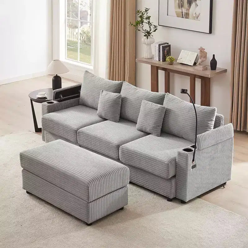 MAYEERTY 95.3 Divano componibile moderno a 3 posti con pouf contenitore Due porte Due portabicchieri per soggiorno Grigio