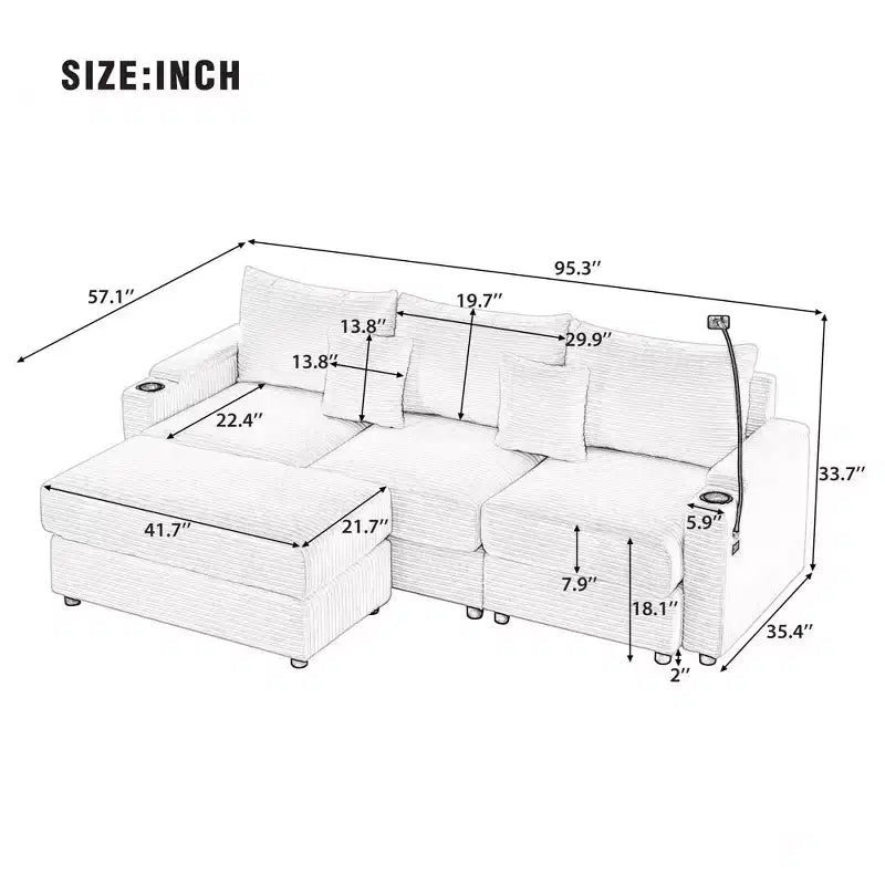 MAYEERTY 95.3 Divano componibile moderno a 3 posti con pouf contenitore Due porte Due portabicchieri per soggiorno Grigio
