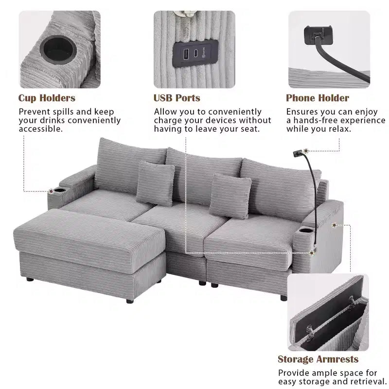 MAYEERTY 95.3 Divano componibile moderno a 3 posti con pouf contenitore Due porte Due portabicchieri per soggiorno Grigio