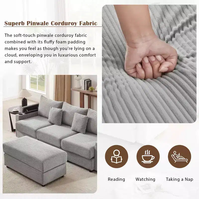 MAYEERTY 95.3 Divano componibile moderno a 3 posti con pouf contenitore Due porte Due portabicchieri per soggiorno Grigio