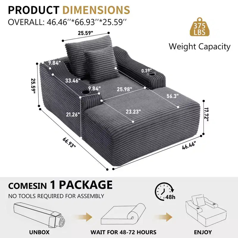 Chaise longue in velluto a coste da 67", braccioli da 9,9", reclinabile con seduta profonda, divano letto convertibile senza struttura con 2 cuscini