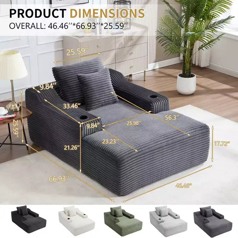 Chaise longue in velluto a coste da 67", braccioli da 9,9", reclinabile con seduta profonda, divano letto convertibile senza struttura con 2 cuscini