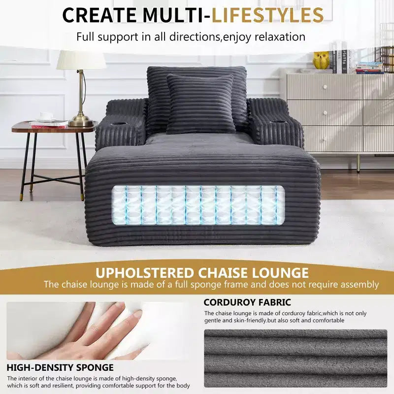 Chaise longue in velluto a coste da 67", braccioli da 9,9", reclinabile con seduta profonda, divano letto convertibile senza struttura con 2 cuscini