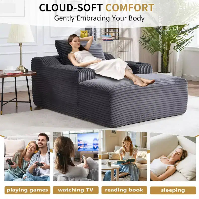 Chaise longue in velluto a coste da 67", braccioli da 9,9", reclinabile con seduta profonda, divano letto convertibile senza struttura con 2 cuscini