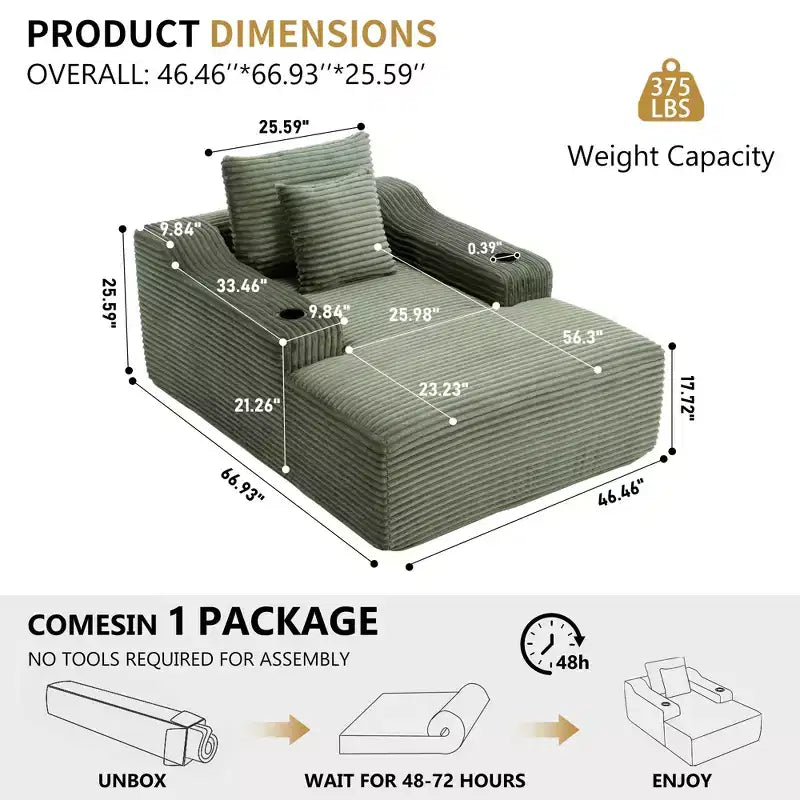 Chaise longue in velluto a coste da 67", braccioli da 9,9", reclinabile con seduta profonda, divano letto convertibile senza struttura con 2 cuscini