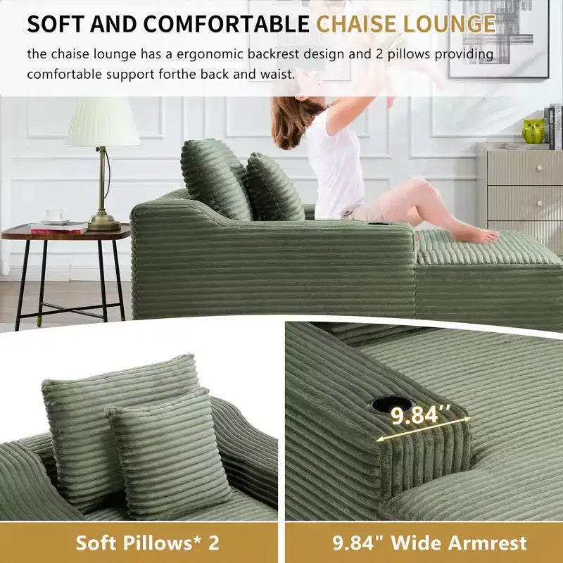 Chaise longue in velluto a coste da 67", braccioli da 9,9", reclinabile con seduta profonda, divano letto convertibile senza struttura con 2 cuscini