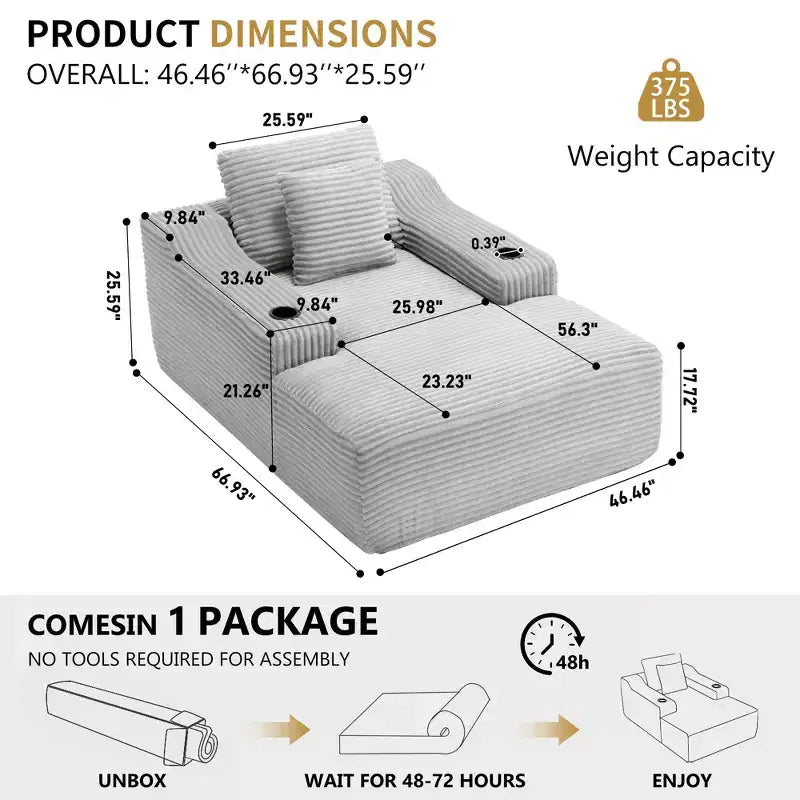 Chaise longue in velluto a coste da 67", braccioli da 9,9", reclinabile con seduta profonda, divano letto convertibile senza struttura con 2 cuscini