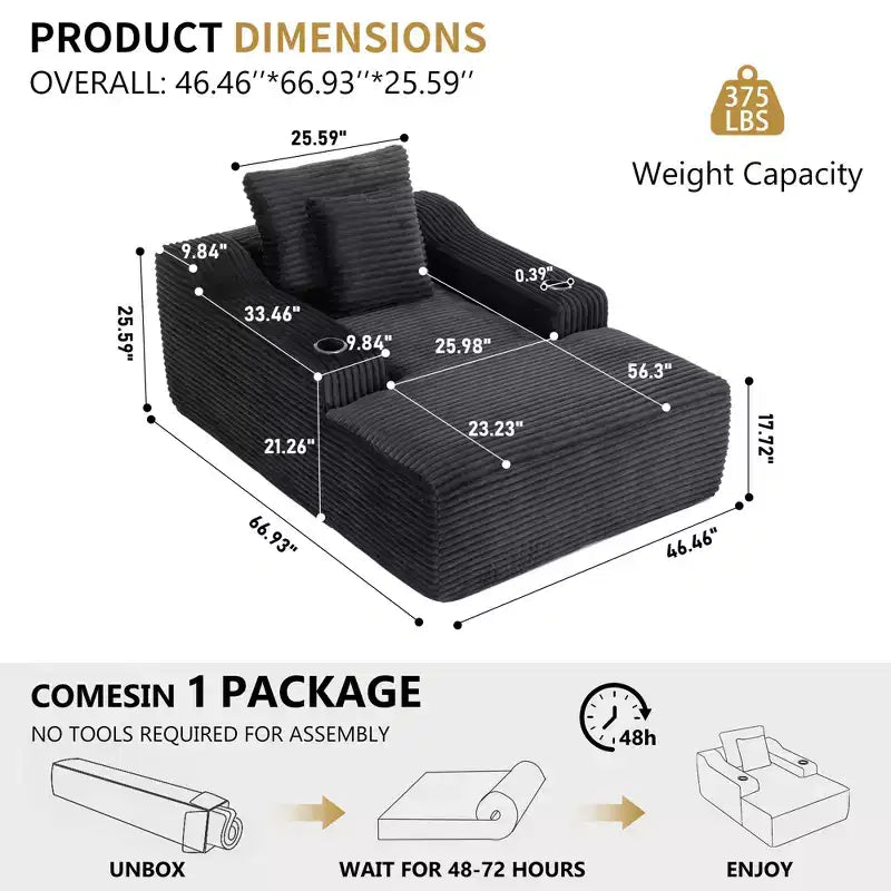Chaise longue in velluto a coste da 67", braccioli da 9,9", reclinabile con seduta profonda, divano letto convertibile senza struttura con 2 cuscini