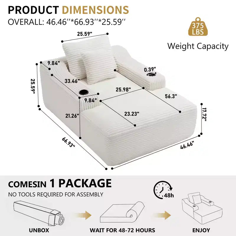 Chaise longue in velluto a coste da 67", braccioli da 9,9", reclinabile con seduta profonda, divano letto convertibile senza struttura con 2 cuscini