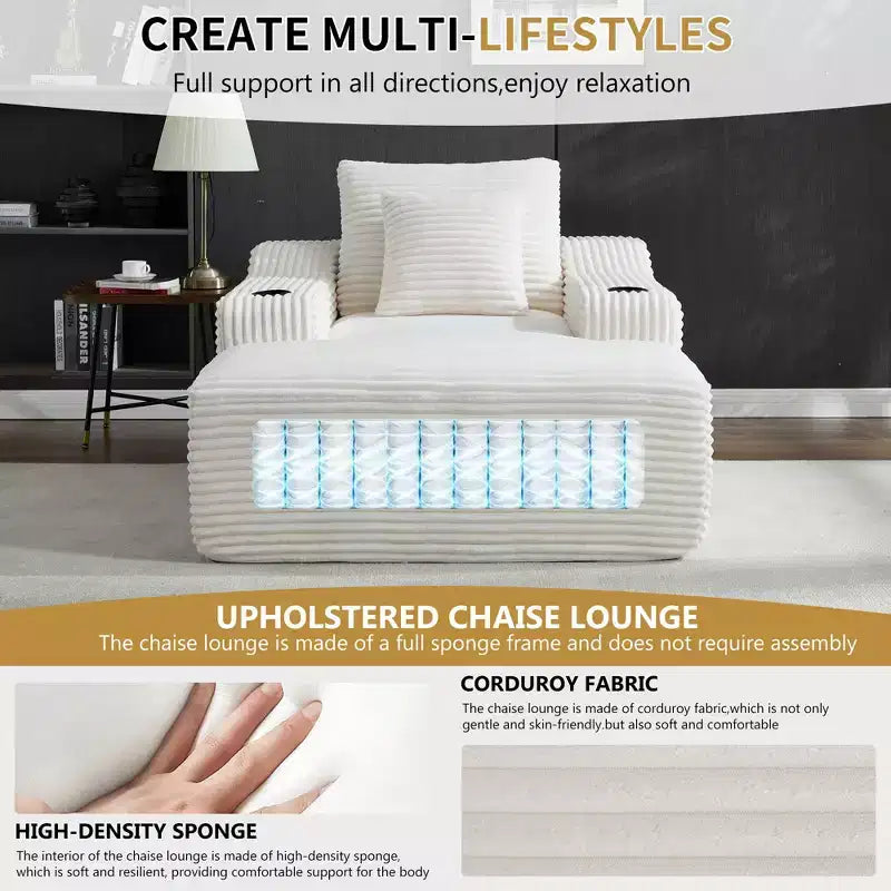 Chaise longue in velluto a coste da 67", braccioli da 9,9", reclinabile con seduta profonda, divano letto convertibile senza struttura con 2 cuscini