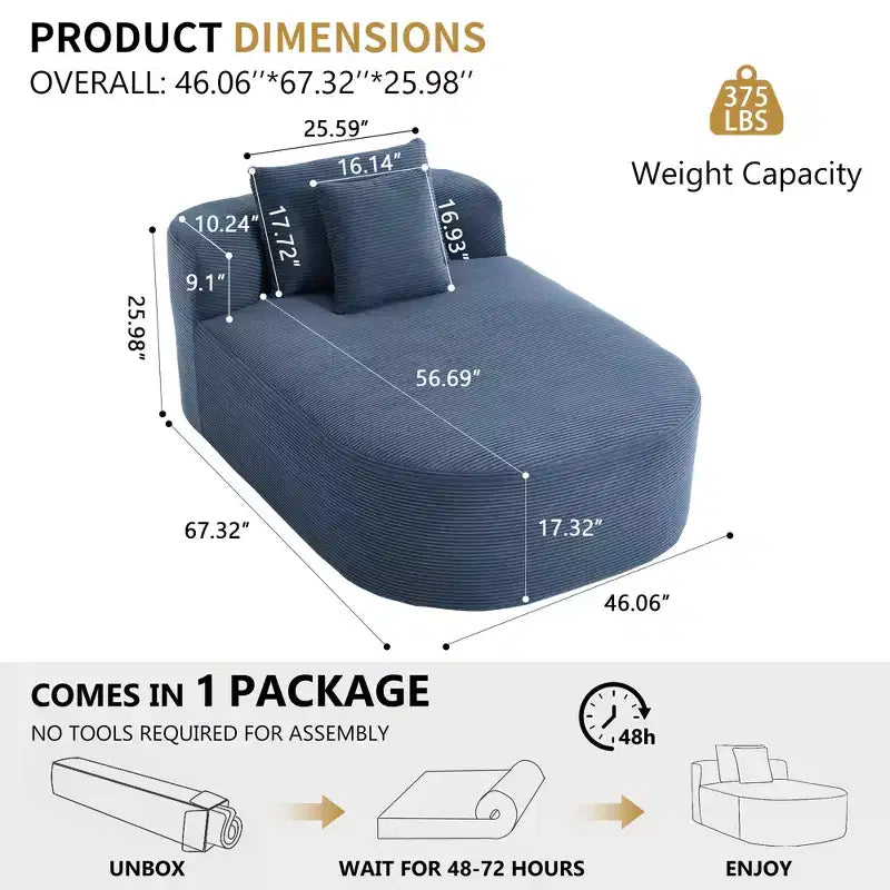Divano chaise longue in velluto a coste da 171 cm, seduta ampia, poltrona King con seduta profonda e 2 cuscini, divano letto convertibile senza telaio per il soggiorno