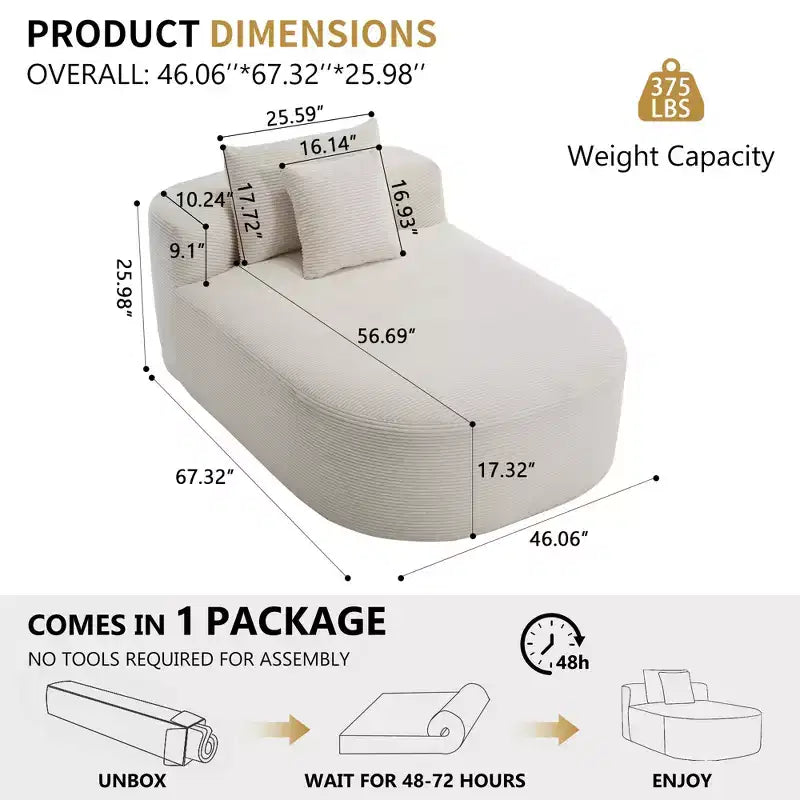 Divano chaise longue in velluto a coste da 171 cm, seduta ampia, poltrona King con seduta profonda e 2 cuscini, divano letto convertibile senza telaio per il soggiorno