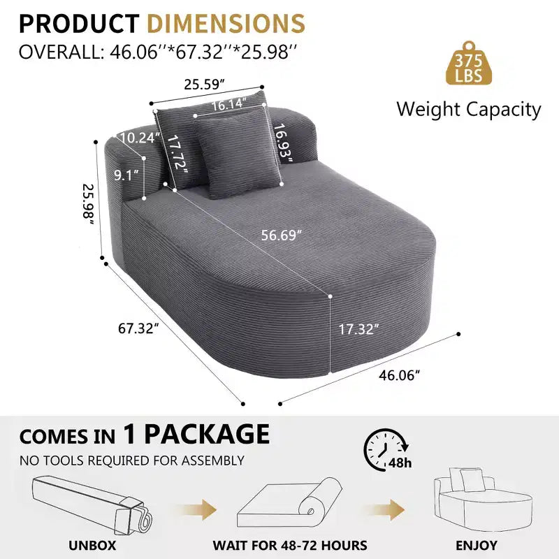 Divano chaise longue in velluto a coste da 171 cm, seduta ampia, poltrona King con seduta profonda e 2 cuscini, divano letto convertibile senza telaio per il soggiorno