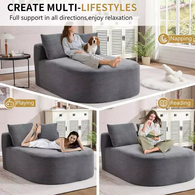 Divano chaise longue in velluto a coste da 171 cm, seduta ampia, poltrona King con seduta profonda e 2 cuscini, divano letto convertibile senza telaio per il soggiorno