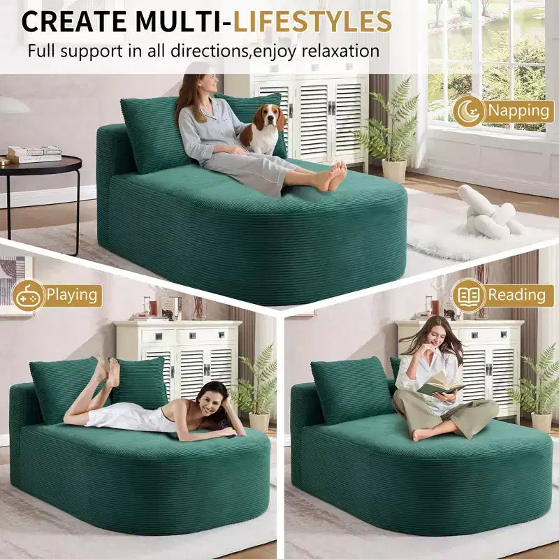 Divano chaise longue in velluto a coste da 171 cm, seduta ampia, poltrona King con seduta profonda e 2 cuscini, divano letto convertibile senza telaio per il soggiorno