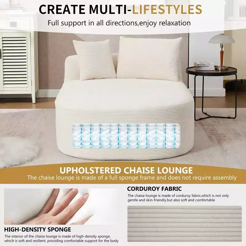 Divano chaise longue in velluto a coste da 171 cm, seduta ampia, poltrona King con seduta profonda e 2 cuscini, divano letto convertibile senza telaio per il soggiorno