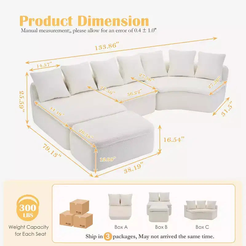 Divano modulare a sezione Whisen 133'' a forma di U con compressore e modulo reclinabile rimovibile