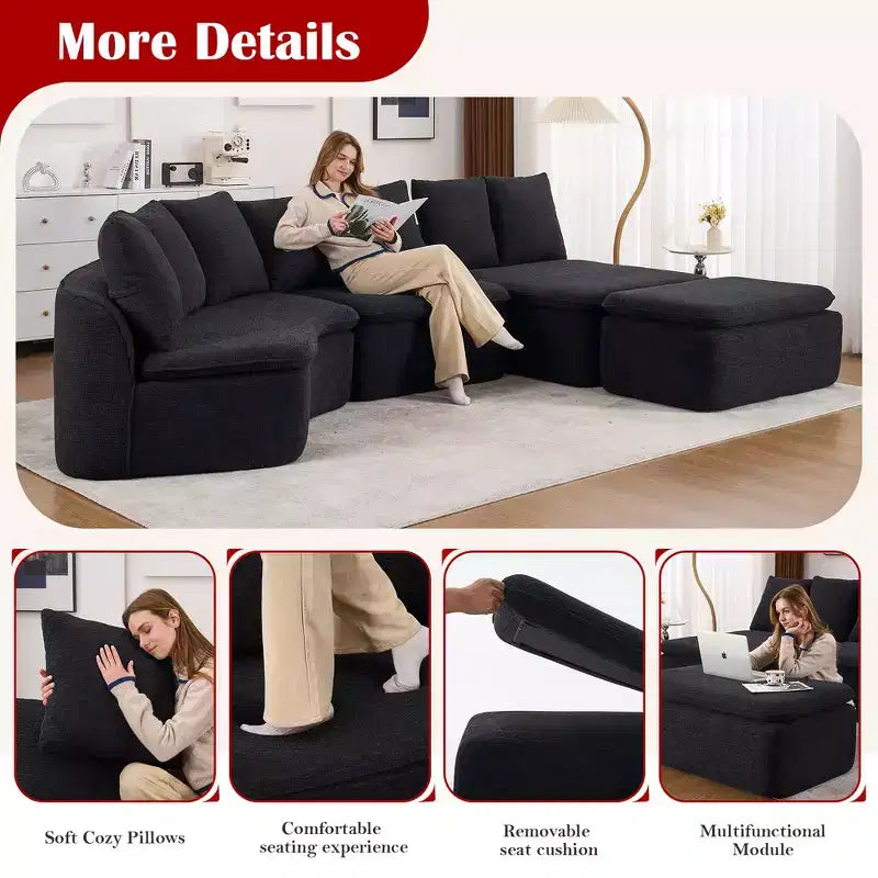 Divano modulare a sezione Whisen 133'' a forma di U con compressore e modulo reclinabile rimovibile