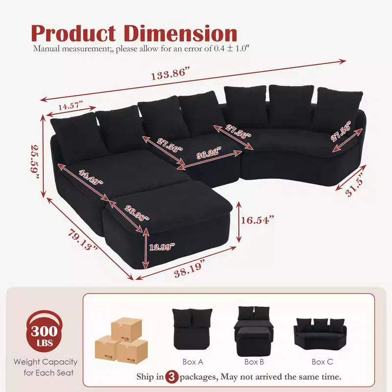 Divano modulare a sezione Whisen 133'' a forma di U con compressore e modulo reclinabile rimovibile