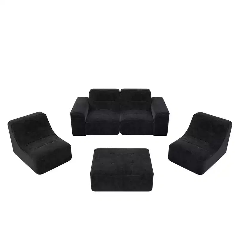 143.7 Set Divano Sezionale Modulare con Pouf Rimovibile, Divano con Seduta Profonda Capitonnè, Chaise longue e Poltrona, Divano Moderno in Ciniglia Scintillante per Soggiorno