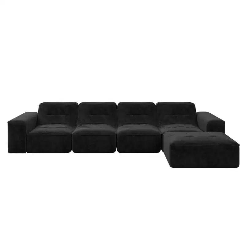 143.7 Set Divano Sezionale Modulare con Pouf Rimovibile, Divano con Seduta Profonda Capitonnè, Chaise longue e Poltrona, Divano Moderno in Ciniglia Scintillante per Soggiorno