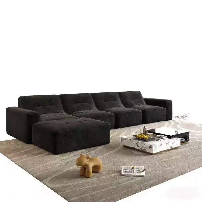143.7 Set Divano Sezionale Modulare con Pouf Rimovibile, Divano con Seduta Profonda Capitonnè, Chaise longue e Poltrona, Divano Moderno in Ciniglia Scintillante per Soggiorno