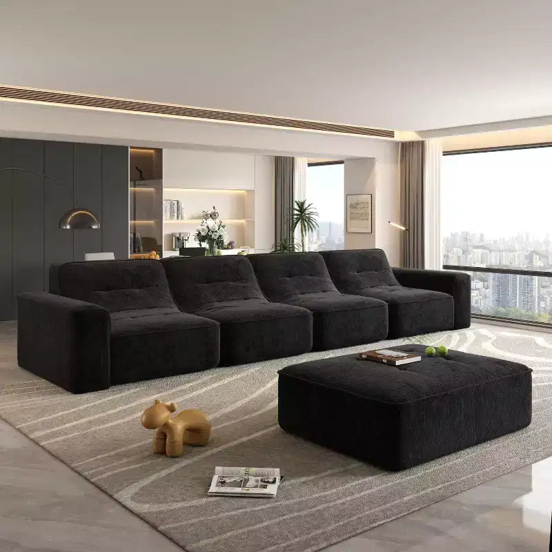 143.7 Set Divano Sezionale Modulare con Pouf Rimovibile, Divano con Seduta Profonda Capitonnè, Chaise longue e Poltrona, Divano Moderno in Ciniglia Scintillante per Soggiorno