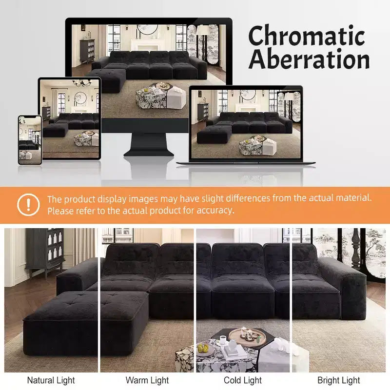 143.7 Set Divano Sezionale Modulare con Pouf Rimovibile, Divano con Seduta Profonda Capitonnè, Chaise longue e Poltrona, Divano Moderno in Ciniglia Scintillante per Soggiorno
