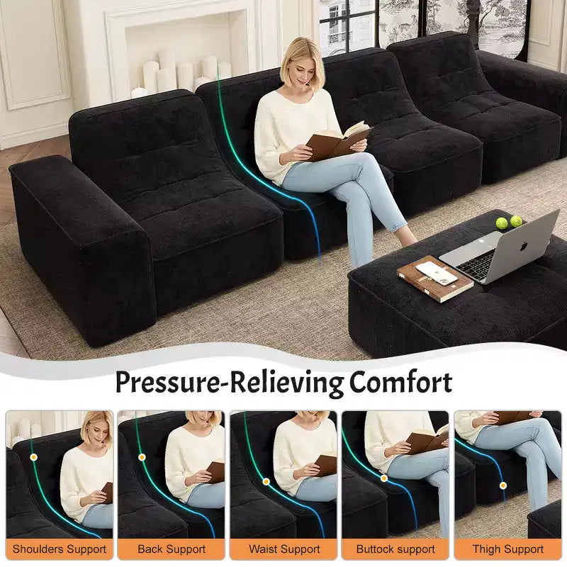 143.7 Set Divano Sezionale Modulare con Pouf Rimovibile, Divano con Seduta Profonda Capitonnè, Chaise longue e Poltrona, Divano Moderno in Ciniglia Scintillante per Soggiorno
