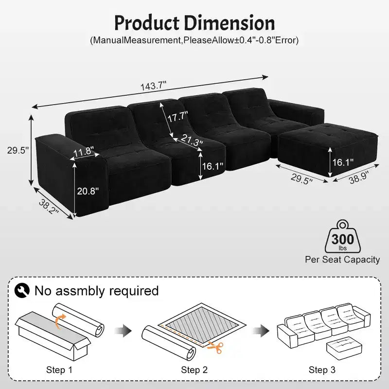 143.7 Set Divano Sezionale Modulare con Pouf Rimovibile, Divano con Seduta Profonda Capitonnè, Chaise longue e Poltrona, Divano Moderno in Ciniglia Scintillante per Soggiorno