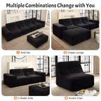 143.7 Set Divano Sezionale Modulare con Pouf Rimovibile, Divano con Seduta Profonda Capitonnè, Chaise longue e Poltrona, Divano Moderno in Ciniglia Scintillante per Soggiorno