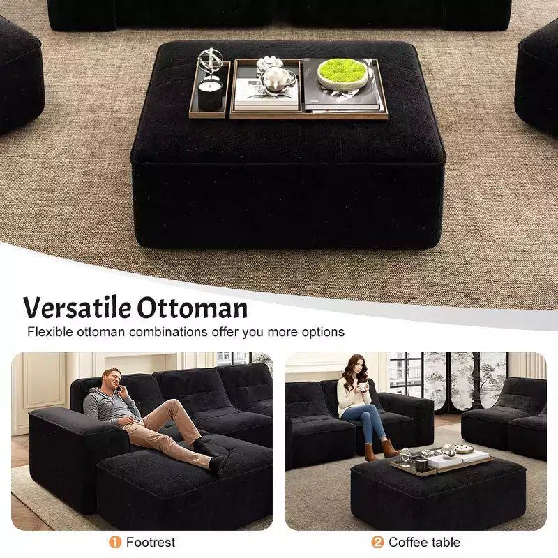143.7 Set Divano Sezionale Modulare con Pouf Rimovibile, Divano con Seduta Profonda Capitonnè, Chaise longue e Poltrona, Divano Moderno in Ciniglia Scintillante per Soggiorno