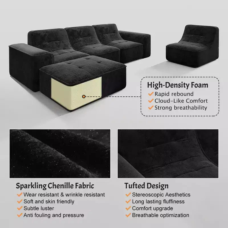 143.7 Set Divano Sezionale Modulare con Pouf Rimovibile, Divano con Seduta Profonda Capitonnè, Chaise longue e Poltrona, Divano Moderno in Ciniglia Scintillante per Soggiorno