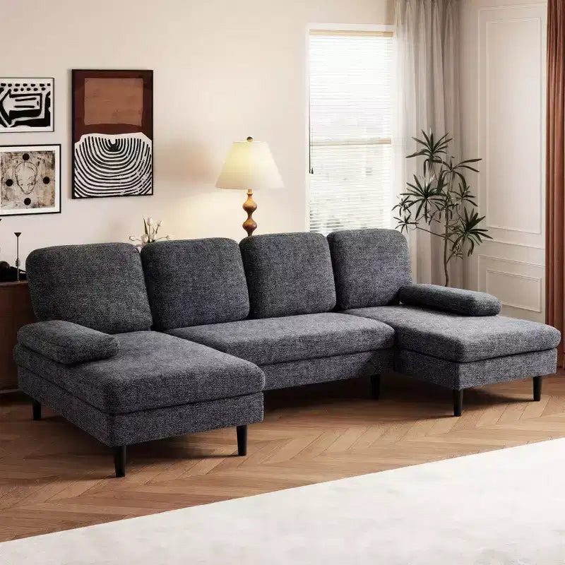 Divano Combinato a U con Doppia Chaise Longue in Tessuto Ciniglia a 4 Posti per Soggiorno