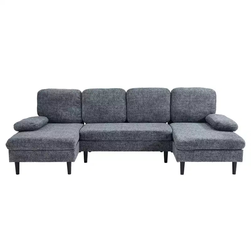 Divano Combinato a U con Doppia Chaise Longue in Tessuto Ciniglia a 4 Posti per Soggiorno