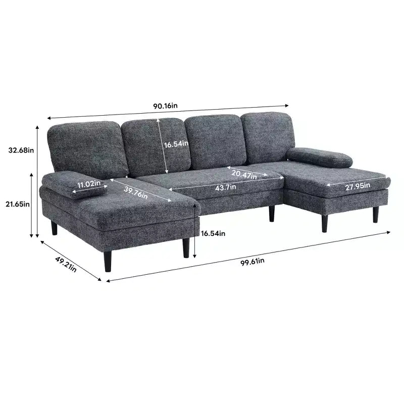 Divano Combinato a U con Doppia Chaise Longue in Tessuto Ciniglia a 4 Posti per Soggiorno