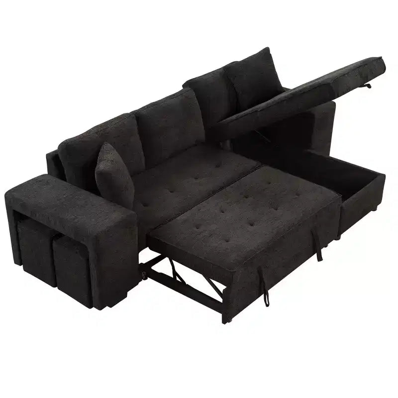 Divano letto estraibile componibile a L moderno 104.5 con 3 posti, chaise longue contenitore e 2 sgabelli per soggiorno