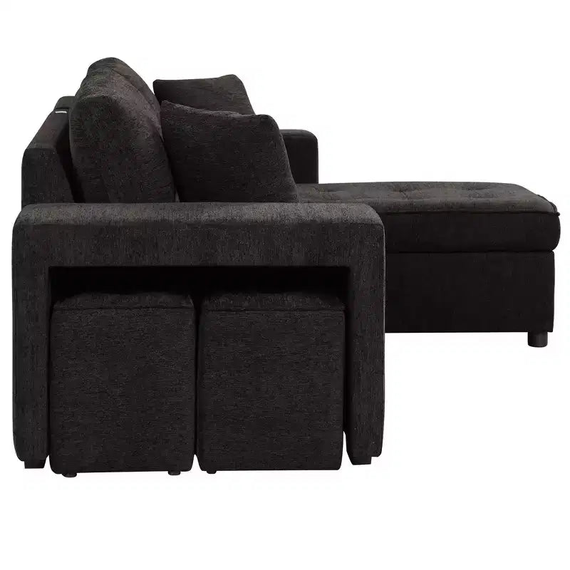 Divano letto estraibile componibile a L moderno 104.5 con 3 posti, chaise longue contenitore e 2 sgabelli per soggiorno