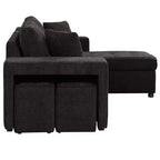 Divano letto estraibile componibile a L moderno 104.5 con 3 posti, chaise longue contenitore e 2 sgabelli per soggiorno