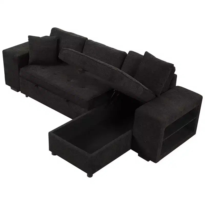 Divano letto estraibile componibile a L moderno 104.5 con 3 posti, chaise longue contenitore e 2 sgabelli per soggiorno