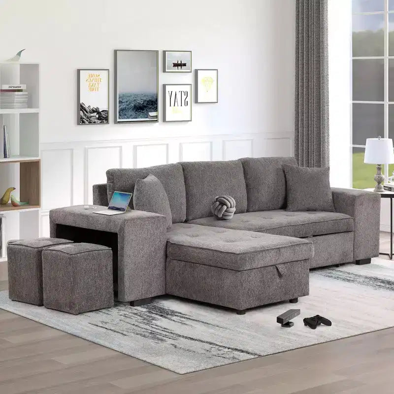 Divano letto estraibile componibile a L moderno 104.5 con 3 posti, chaise longue contenitore e 2 sgabelli per soggiorno