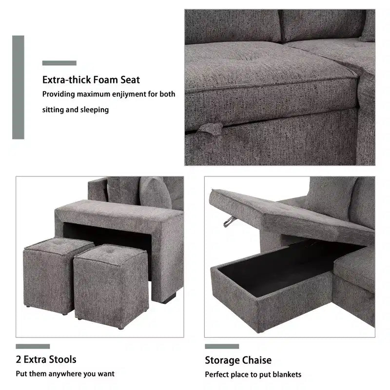 Divano letto estraibile componibile a L moderno 104.5 con 3 posti, chaise longue contenitore e 2 sgabelli per soggiorno