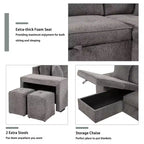 Divano letto estraibile componibile a L moderno 104.5 con 3 posti, chaise longue contenitore e 2 sgabelli per soggiorno