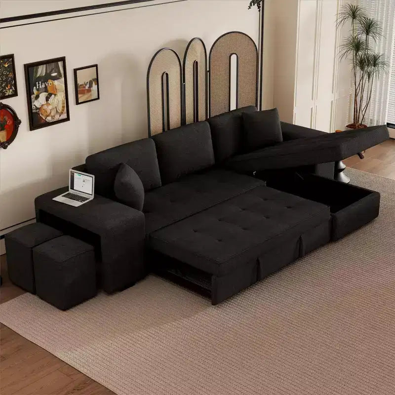 Divano letto estraibile componibile a L moderno 104.5 con 3 posti, chaise longue contenitore e 2 sgabelli per soggiorno