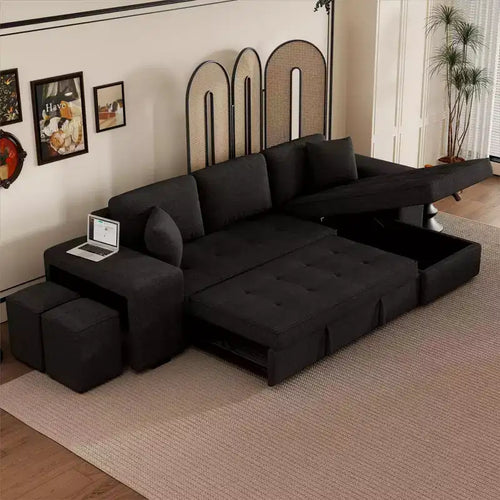 Divano letto estraibile componibile a L moderno 104.5 con 3 posti, chaise longue contenitore e 2 sgabelli per soggiorno