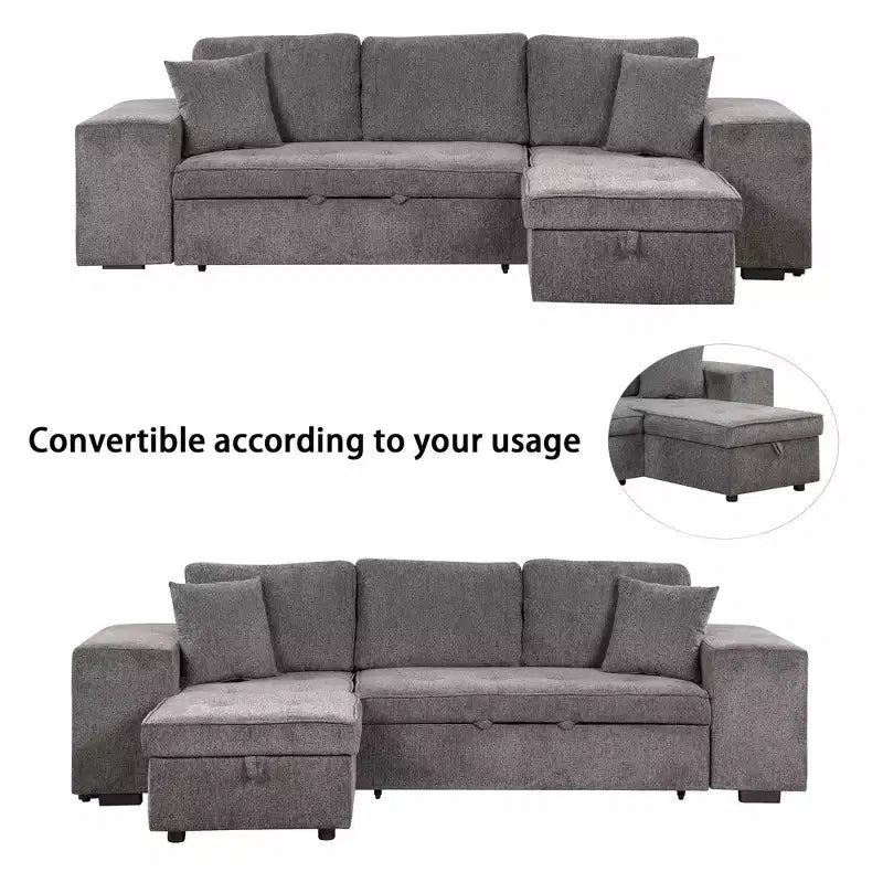 Divano letto estraibile componibile a L moderno 104.5 con 3 posti, chaise longue contenitore e 2 sgabelli per soggiorno
