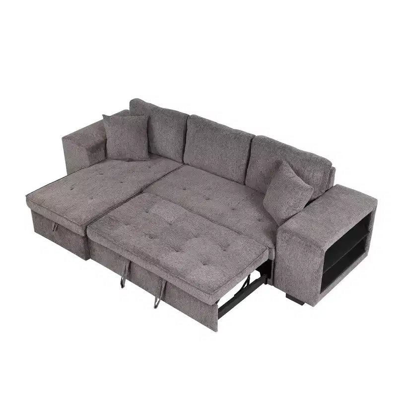 Divano letto estraibile componibile a L moderno 104.5 con 3 posti, chaise longue contenitore e 2 sgabelli per soggiorno