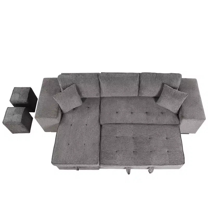 Divano letto estraibile componibile a L moderno 104.5 con 3 posti, chaise longue contenitore e 2 sgabelli per soggiorno